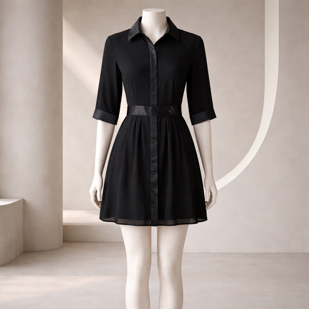 Elegant Black Shirt Mini Dress with Belt